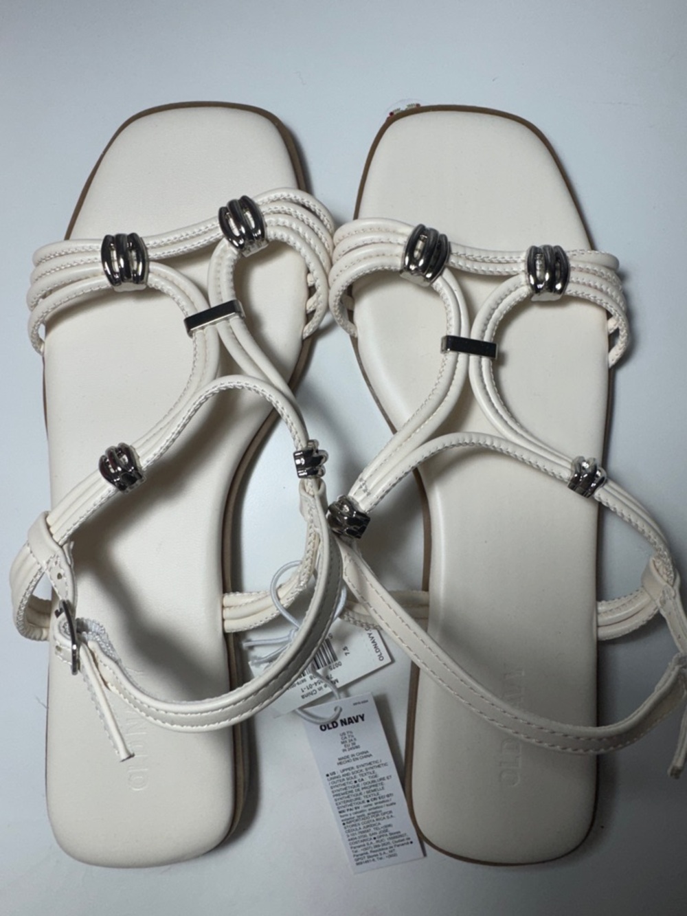 Old Navy Women's Off-White Strappy Flat Sandals with Silver Accents